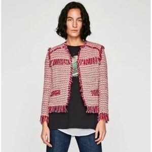 ZARA Basic "Blogger's Favorite"‎ Red Tweed Fringe Frayed Jacket Blazer M